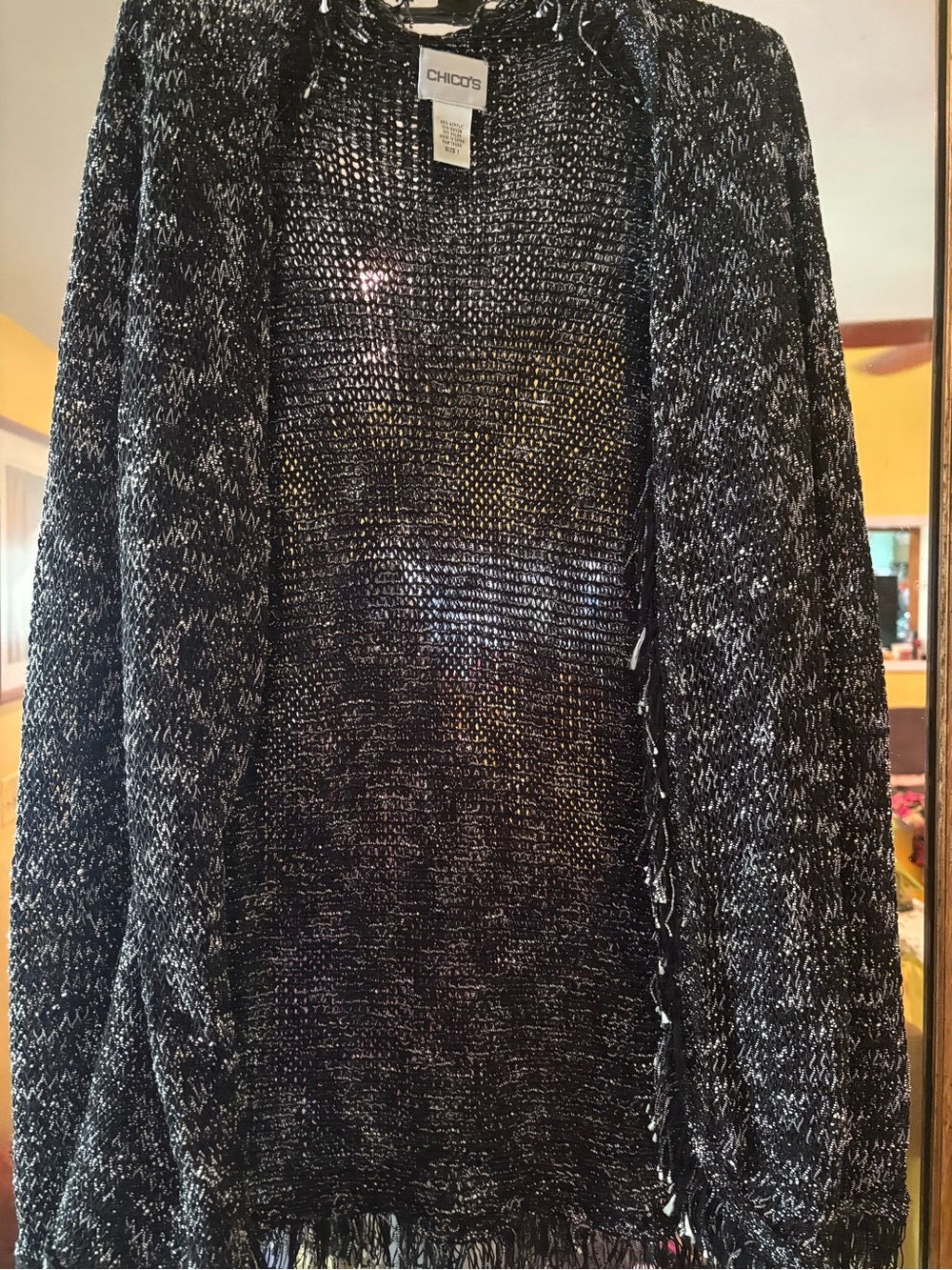 Chico's Black and White Open-Weave Fringe Cardigan